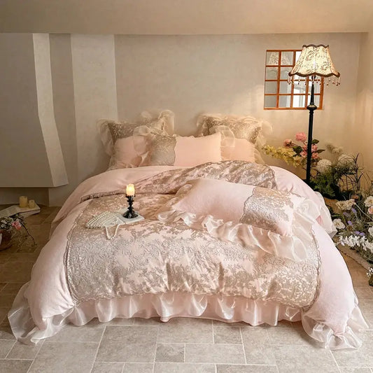 Pink and silver french lace ruffles bedding set with satin edges by decorbites for elegant bedroom decor