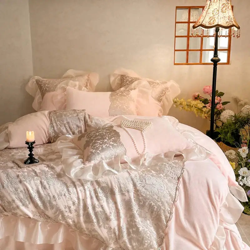 Pink and silver french lace ruffles bedding set featuring decorbites french lace with elegant ruffled edges