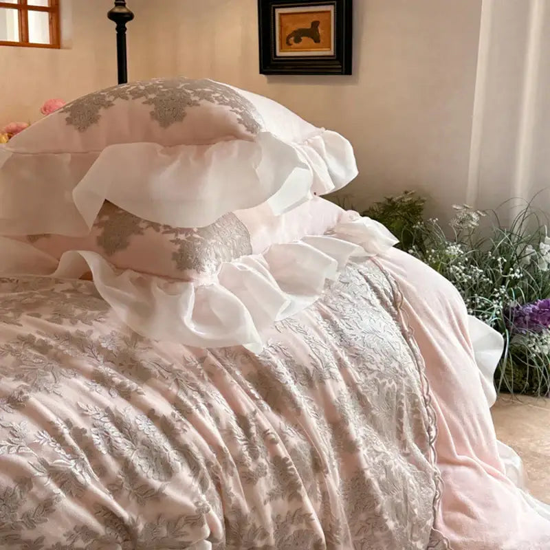 Pink pillow with delicate silver floral embroidery and french lace ruffles trim from decorbites bedding set