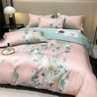 Pink and teal floral egyptian cotton bedding set with pink floral duvet cover and mint green watercolor botanical accents