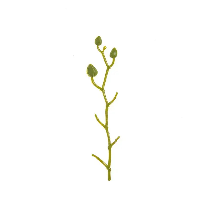 Green plastic artificial flower stems with three small rounded buds for pink and white wedding garden arch decor