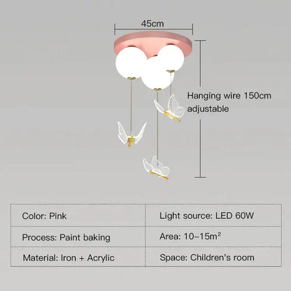 Pink and white butterfly ball ceiling lamp with three spherical bulbs and butterfly ornaments on adjustable wire by decorbites