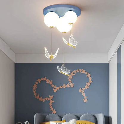 Blue ceiling ball ceiling lamp with three white bulbs and hanging translucent butterfly decorbites butterfly ball ornaments