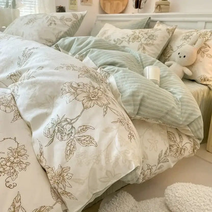 Cream-colored quilt cover with delicate beige floral embroidery and subtle striped lining from decorbites cartoon printed cotton set