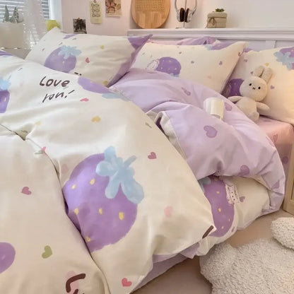 Pastel purple and cream strawberry-themed quilt cover in soft plush cartoon printed cotton by decorbites