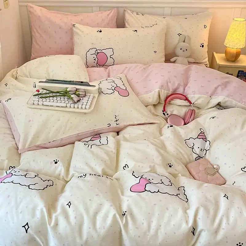 Pink and white cartoon printed cotton quilt cover bedding set with soft quilted texture by decorbites cartoon printed
