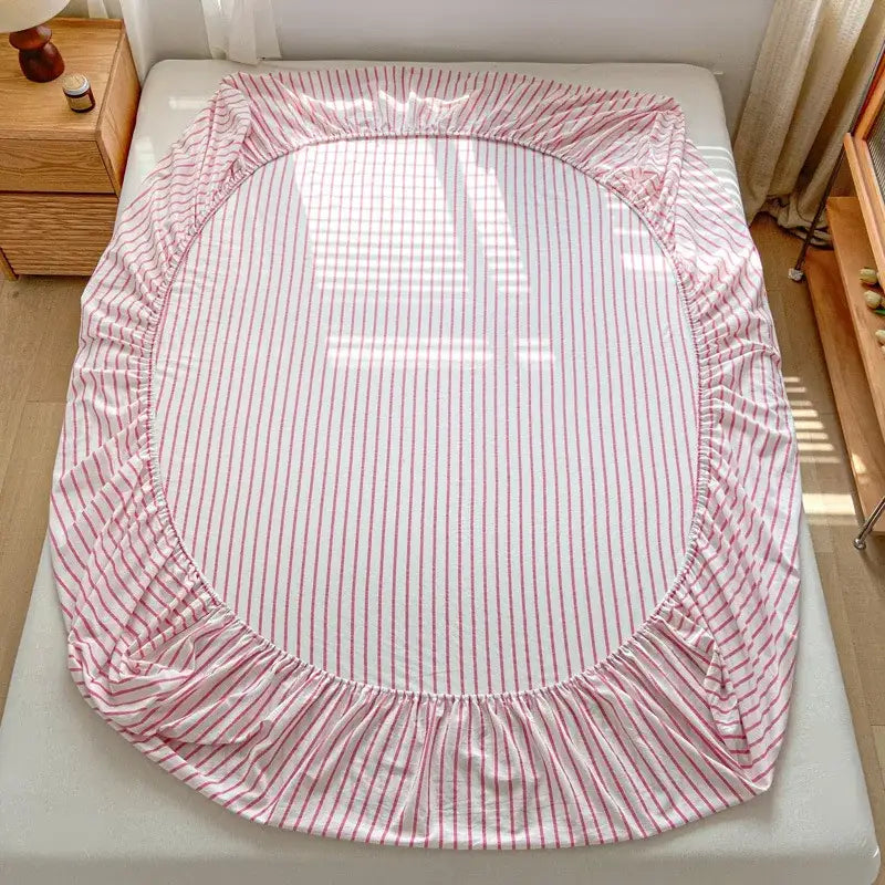 Pink and white cotton stripe fitted sheet with elastic and ruffled edges for bedroom decorbites cotton stripe mattress cover