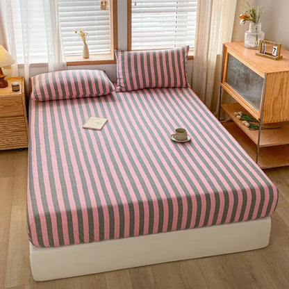 Pink and gray striped decorbites cotton stripe fitted sheet with matching pillows for bedroom mattress cover decor