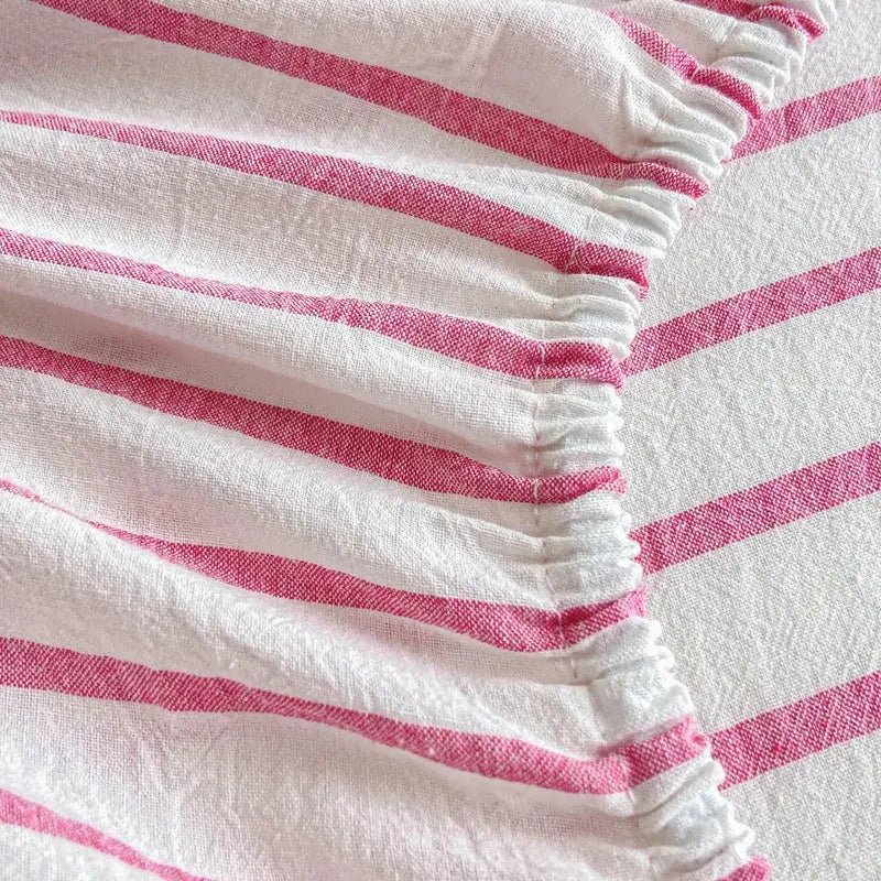 Pink and white cotton stripe fitted sheet with soft textured fabric and gathered edge for bedroom mattress cover decorbites cotton stripe
