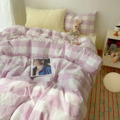Pink and white gingham cozy cotton grid bedding set with soft textured fabric for comfortable bedroom decorbites cozy cotton