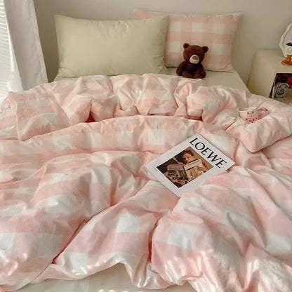 Pink and white gingham cozy cotton grid bedding sets with a satin-like sheen for decorbites cozy cotton bedroom decor