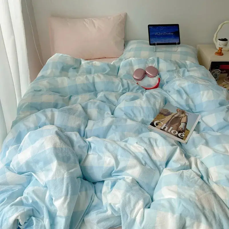 Light blue and white gingham patterned quilt cover from decorbites cozy cotton grid bedding sets for bedroom use