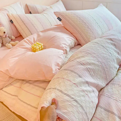 Pastel pink and white striped cotton jacquard bedding set with woven texture for decorbites cotton jacquard bedroom decor