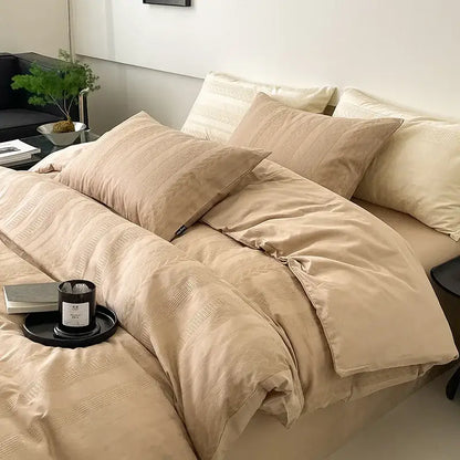 Beige textured bedding set with matching pillows and duvet in decorbites cotton jacquard bedding for bedroom decor