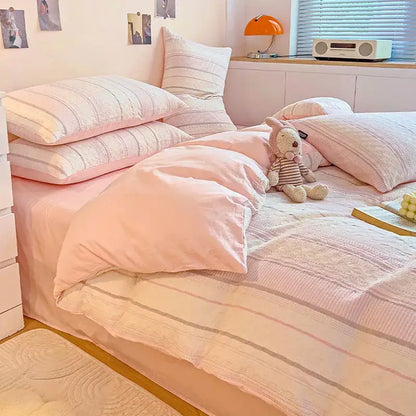 Pink and cream striped cotton jacquard bedding set with soft textured fabric for bedroom decor by decorbites cotton jacquard