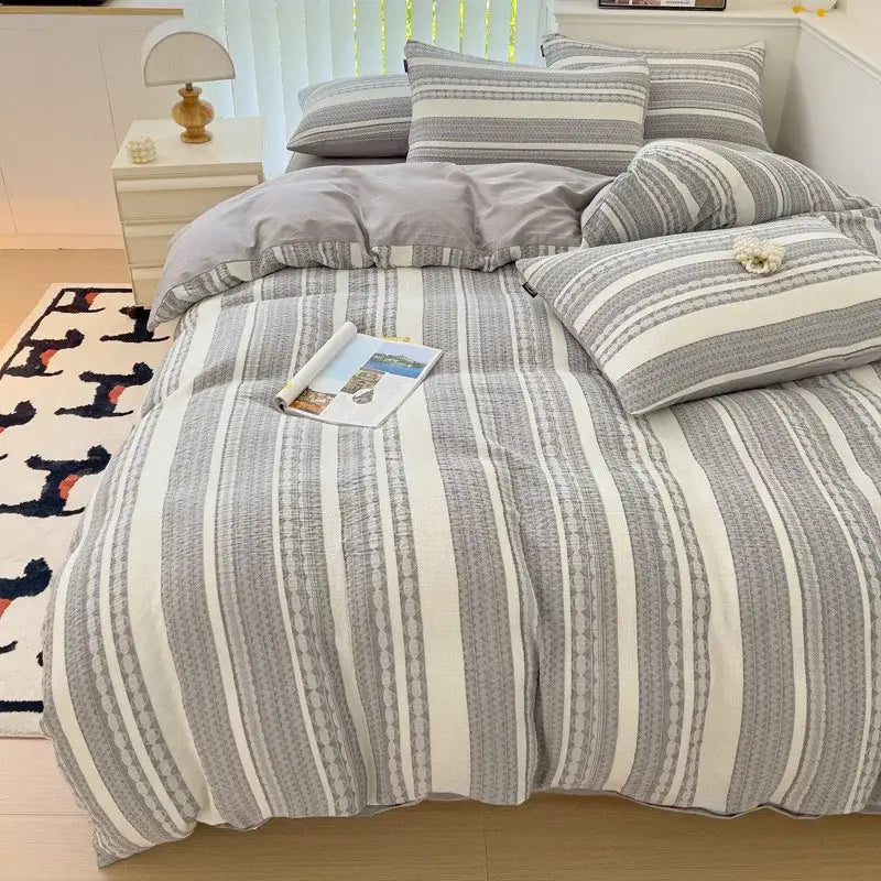 Gray and white striped duvet set with textured vertical stripes in decorbites cotton jacquard bedding set for bedroom decor