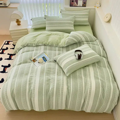 Mint green and white vertically striped duvet cover set with soft textured fabric from decorbites cotton jacquard bedding set