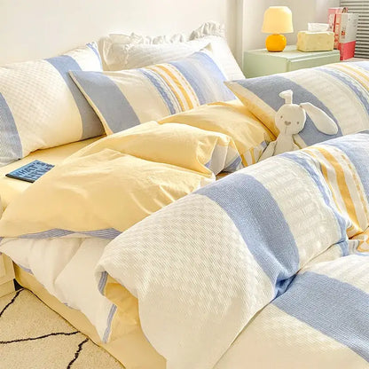 Soft yellow and blue striped cotton jacquard bedding set with cozy knit pattern ideal for decorbites cotton jacquard decor