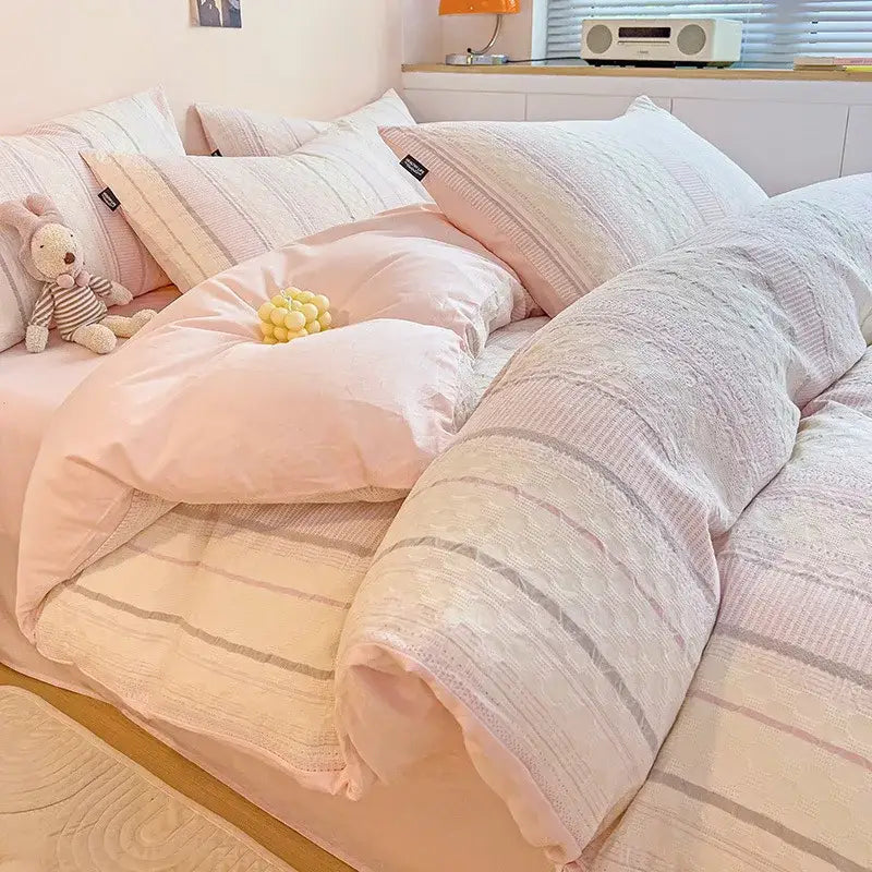 Soft pink and white striped cotton jacquard bedding set with textured fabric finish for stylish bedroom decorbites cotton jacquard decor