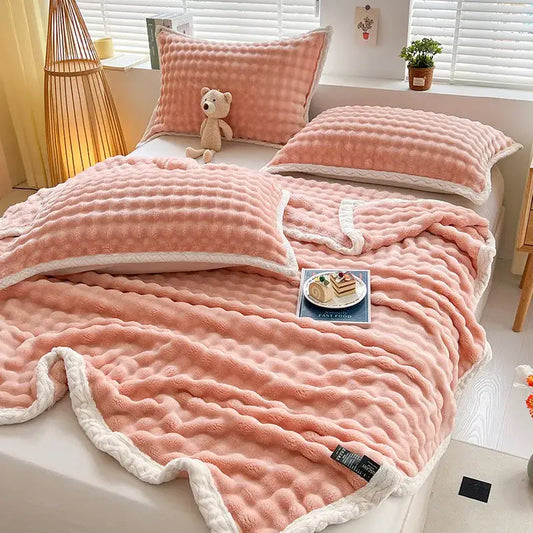 Pink and white textured cozy faux rabbit fur throw blanket with braided trim for bedroom decorbites cozy faux use