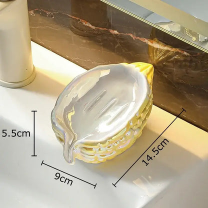 Yellow and clear glass lemon-shaped soap dish with glossy finish for pink and yellow bitter gourd ceramic soap drainage rack