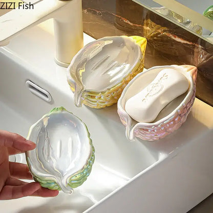 Pink and yellow bitter gourd ceramic soap dish with iridescent seashell shape glossy finish for bathroom drainage rack