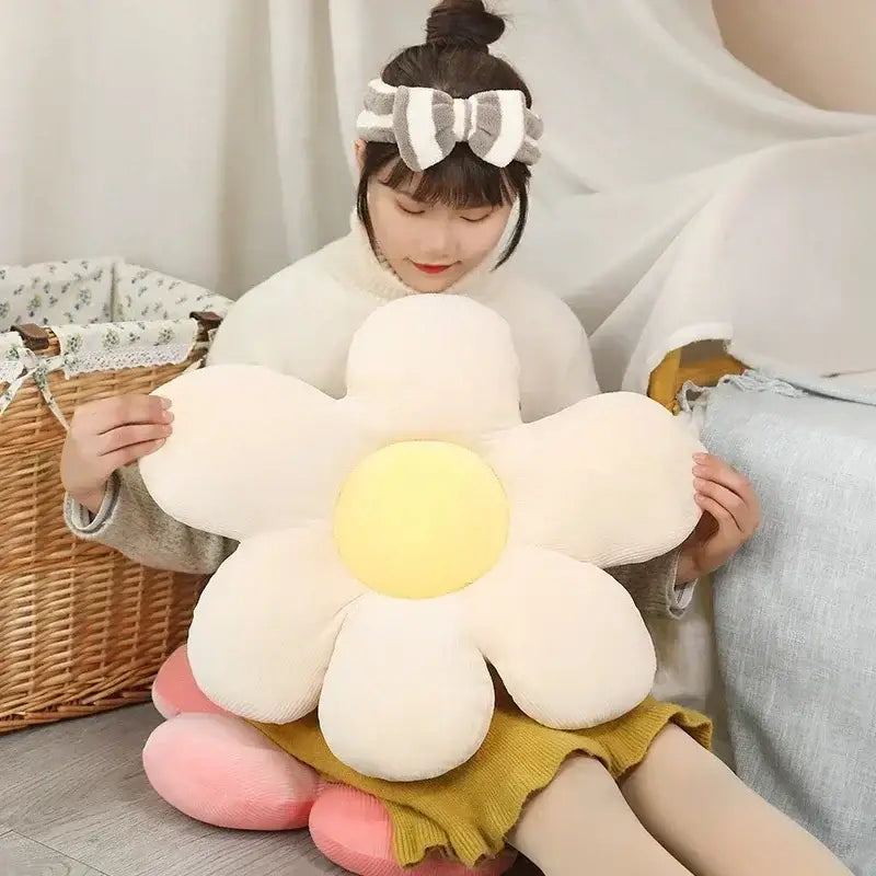 Cream-colored plush daisy lumbar support pillow with bright yellow center for decorbites daisy lumbar living room cushion