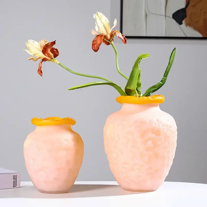 Pink and yellow textured colorful frosted glass vase with frosted glass finish for living room decor by decorbites