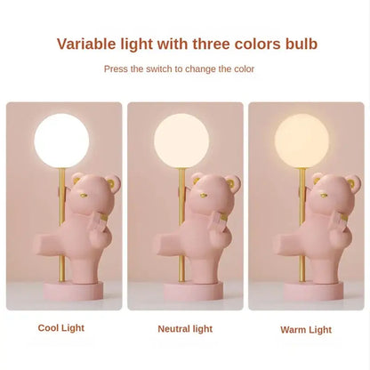 Pink bear princess desk night light with gold stand and three color-changing led bulb options for bedroom use