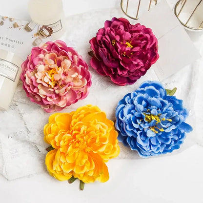 Pink big peony headwear artificial flowers with vibrant layered petals in pink magenta yellow and blue for wedding decoration