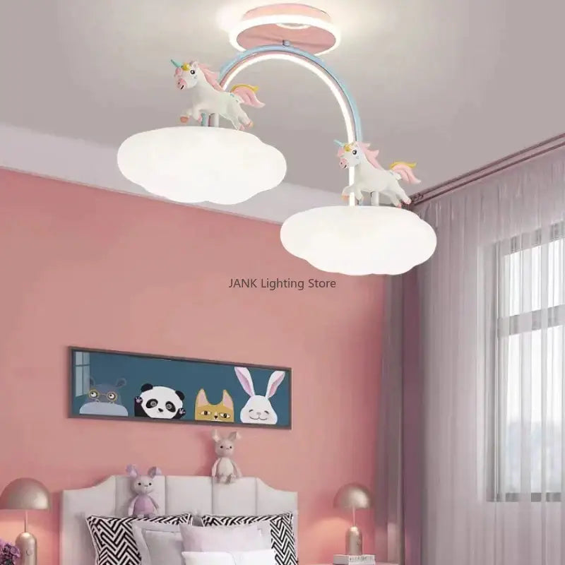 Pastel pink and blue arched ceiling light with two white cloud unicorn cartoon fixtures for children’s bedroom decorbites cloud unicorn