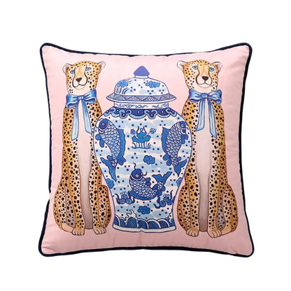 Pink and blue lion dog lumbar pillow cover with embroidered cheetahs and blue lion vase for bedroom tiger decor