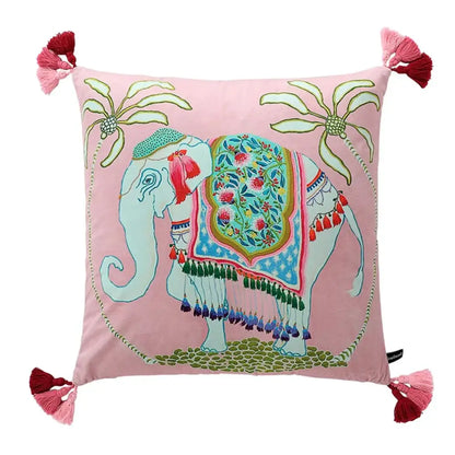 Pink velvet lumbar pillow cover featuring an embroidered elephant with floral blanket and tassels, ideal for blue lion dog decor