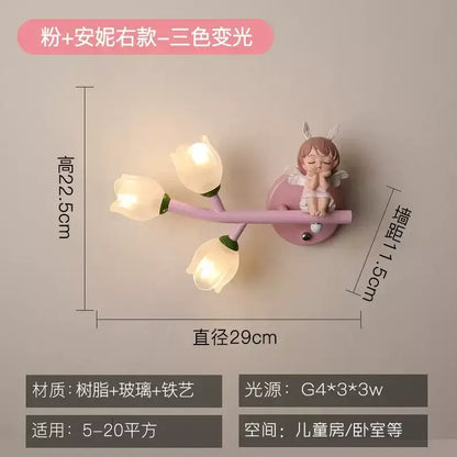 Pink resin wall lamp with three glowing tulip-shaped lights and angel figurine for decorbites kids room led nursery light