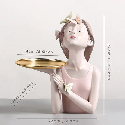 Delicate pink butterfly fairy resin figurine with closed eyes holding a golden tray adorned with white butterflies for decorbites bedroom desktop decor