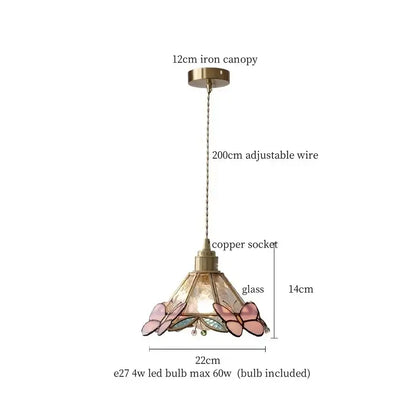 Pink butterfly glass led pendant light featuring delicate butterfly motifs in pink and blue stained glass with brass canopy