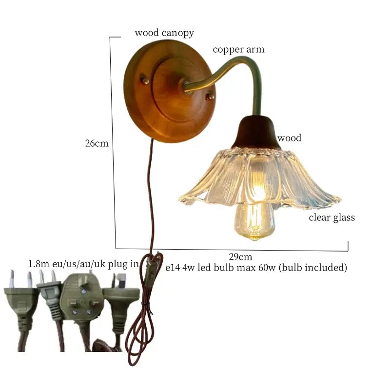 Vintage-style pink butterfly glass led wall sconce with warm wood canopy copper arm and clear glass shade for bedroom decorbites glass led wall