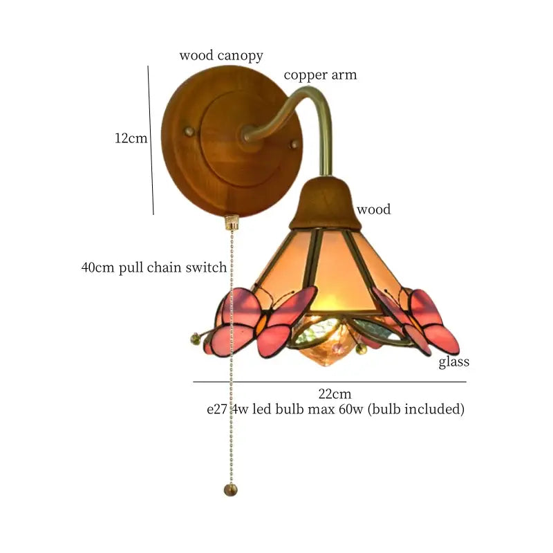 Pink butterfly glass led wall sconce with warm amber and pink stained glass, wooden canopy, and copper arm for bedroom decorbites glass led lighting