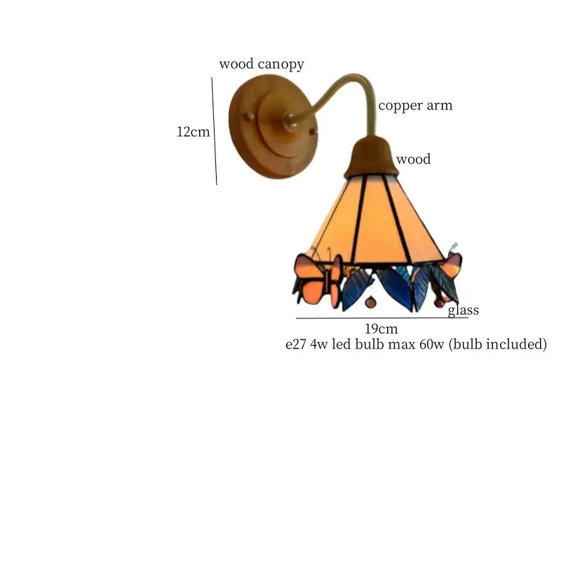 Warm-toned pink butterfly glass led wall sconce with wooden canopy and copper arm for elegant bedroom decorbites glass led