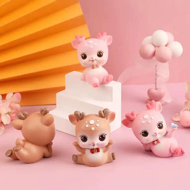 Pink and beige cartoon deer resin figurines with oversized eyes and tiny antlers for bedroom cake topper decorbites decor