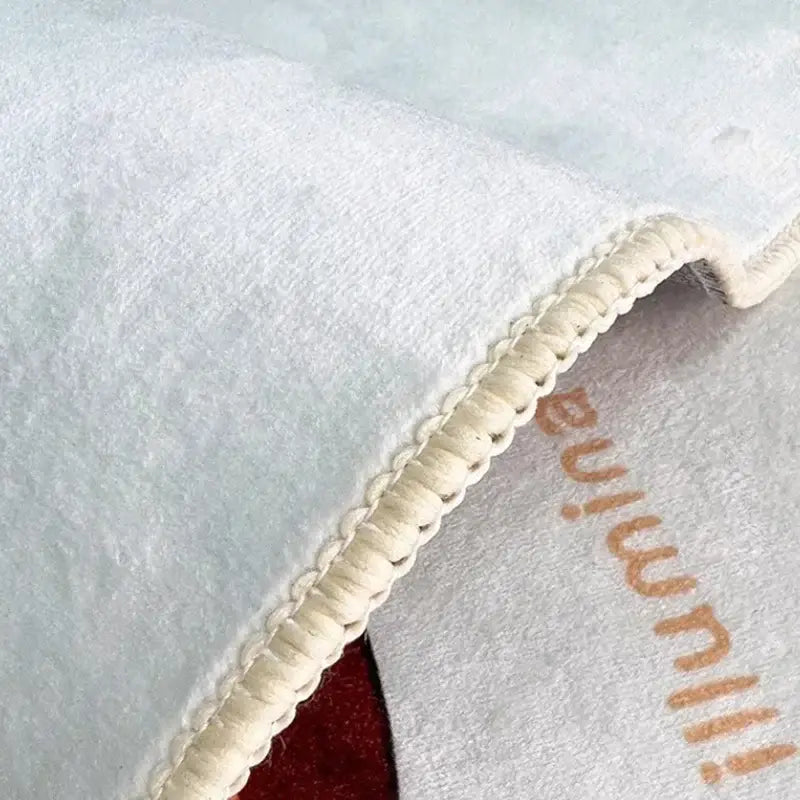 Soft white plush blanket with cream braided edge and gold lettering paired with pink decorbites cartoon print bathroom mat