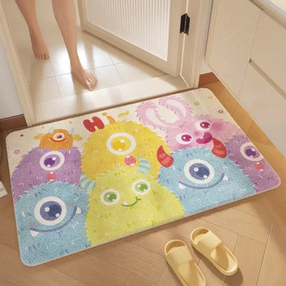 Pink cartoon print plush bathroom mat soft absorbent decorbites cartoon print featuring colorful smiling monsters