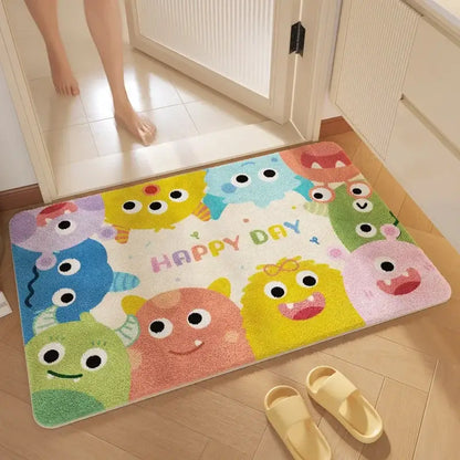 Pink cartoon print plush bathroom mat featuring colorful cartoon print monsters and happy day embroidery decorbites cartoon print