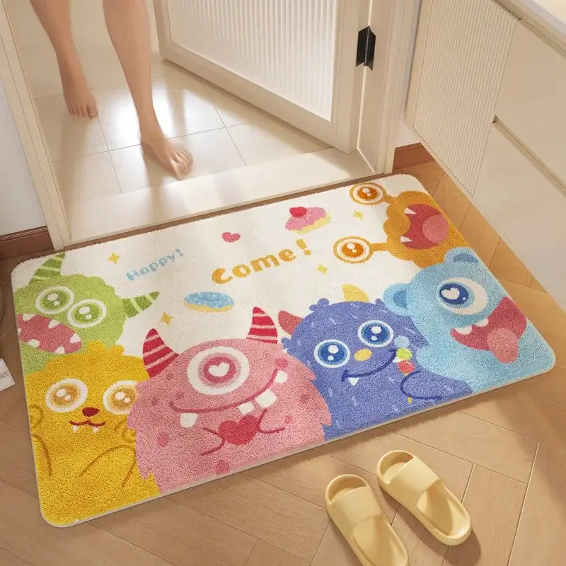 Pink cartoon print plush bathroom mat with soft white base and vibrant decorbites cartoon print for entrance use