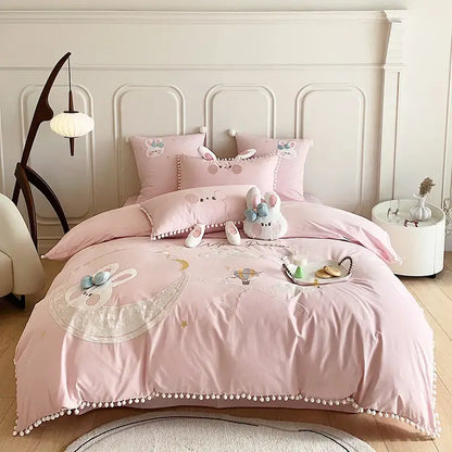 Pink cartoon rabbit moon cotton bedding set with embroidered details and pom pom trim for bedroom decorbites cartoon rabbit