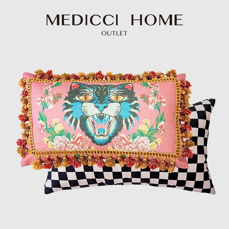 Pink cat print velvet throw pillow case with vibrant embroidered cat print velvet and colorful tassels for living room decorbites cat print