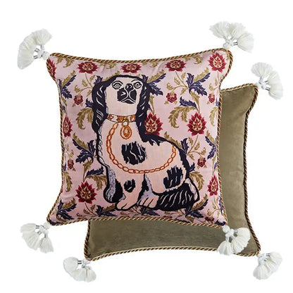 Pink cat print velvet throw pillow case featuring an embroidered black and white dog with tassels for living room decorbites cat print