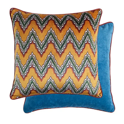 Vibrant orange velvet cushion with bold green white rust zigzag pattern and blue backing for living room decorbites cat print velvet throw
