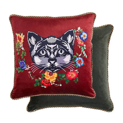Pink cat print velvet throw pillow case with red velvet decorbites cat print and embroidered floral patterns for living room decor