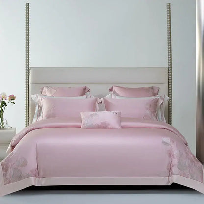 Pink satin bedding set with delicate cotton flowers embroidery and satin finish for elegant bedroom decorbites decor